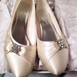 Ivory Satin Low Heel Shoes with Brooch